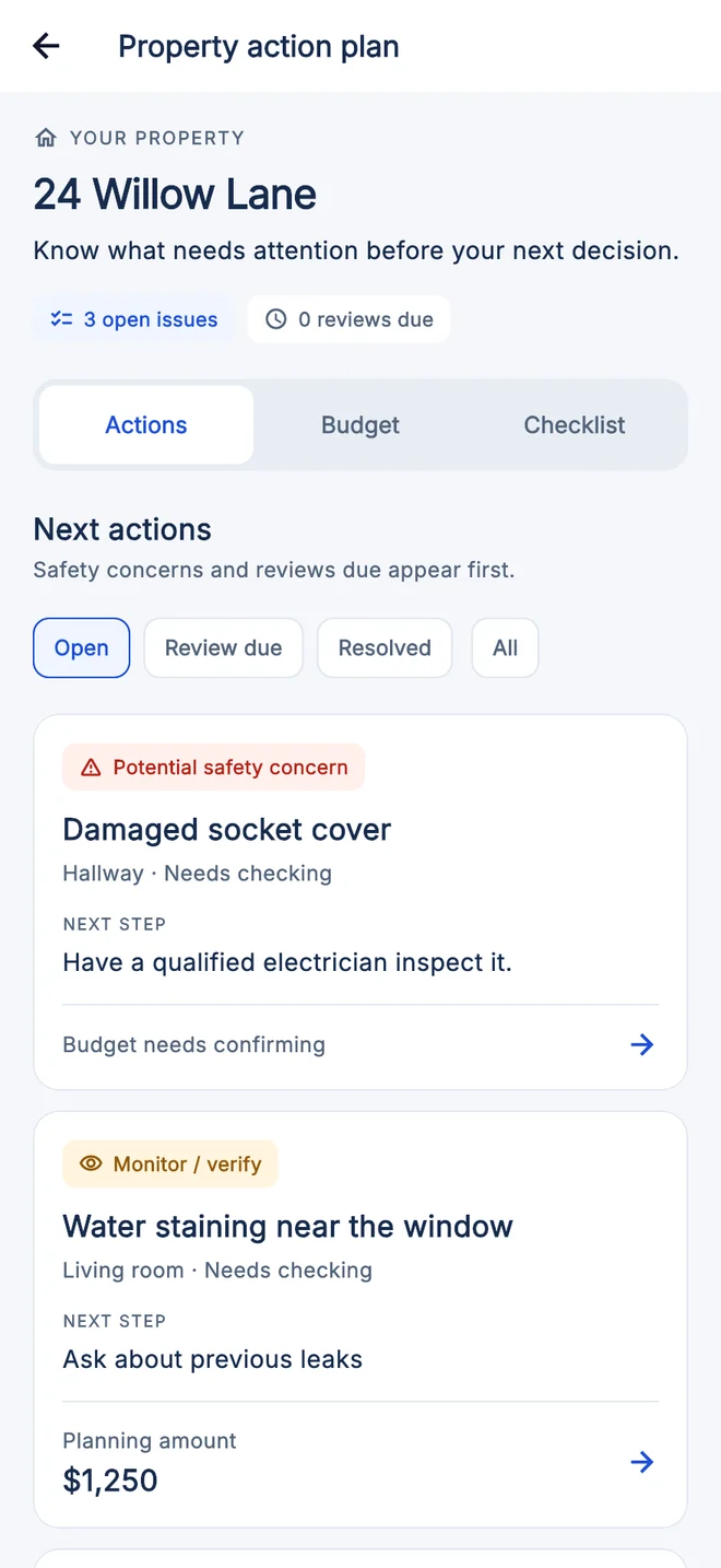 Property action plan in House Inspector with prioritized professional follow-up tasks