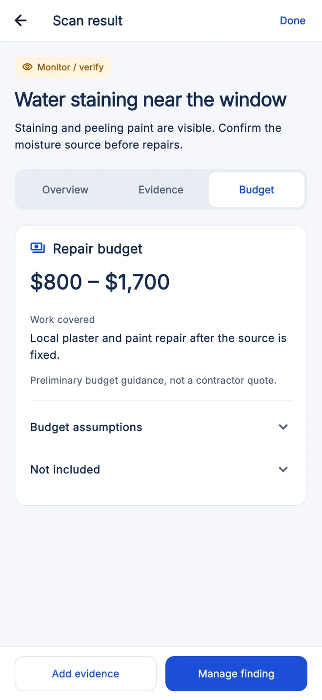 App repair budget showing a planning estimate and factors affecting cost