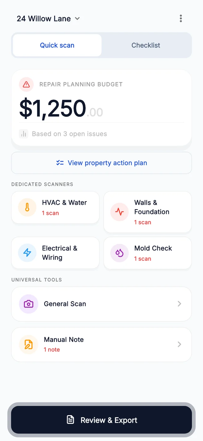 House Inspector app dashboard with dedicated scanners, repair planning budget and property action plan