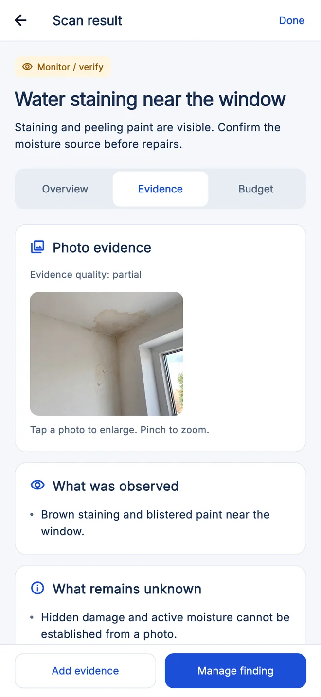House Inspector scan result showing a photo of water staining, visible observations and what remains unknown